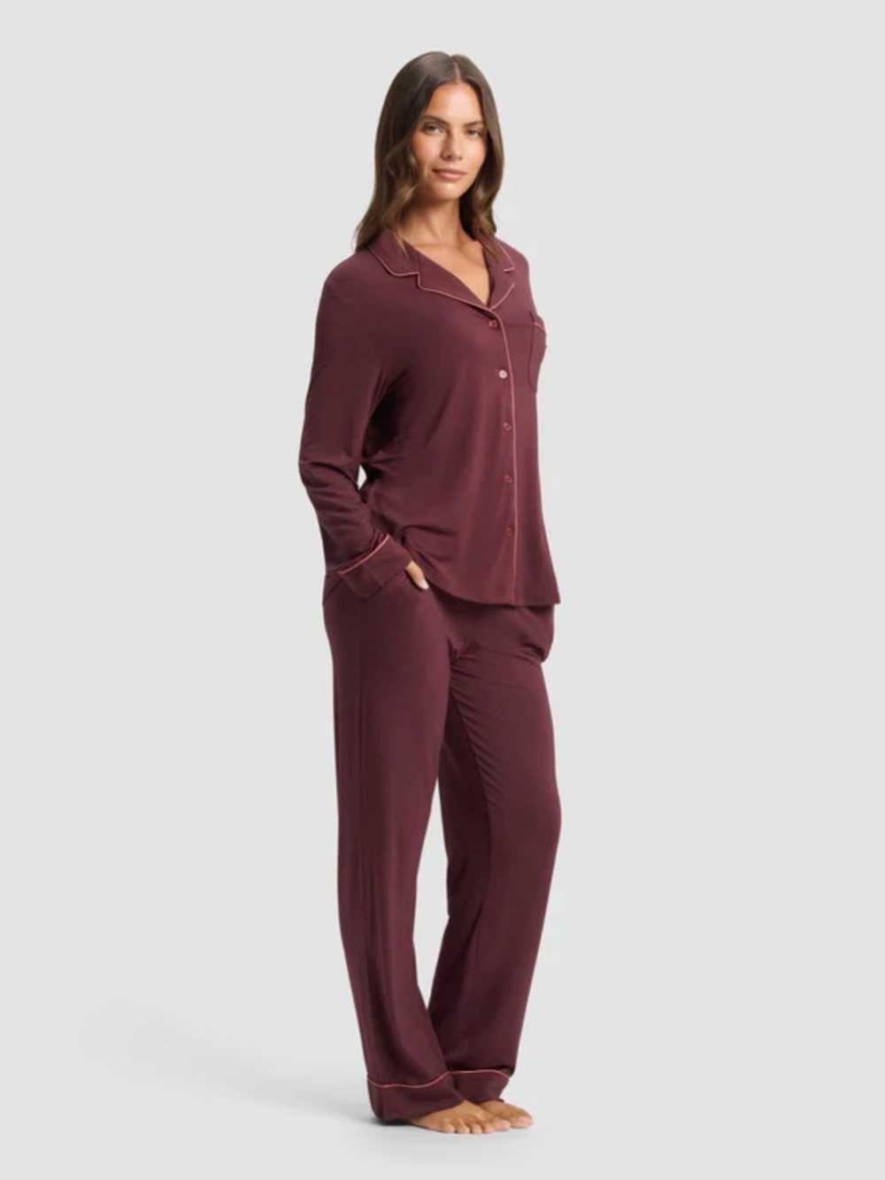 Cozy Earth Women's Bamboo Stretch-Knit Long Sleeve Pajama Set-Burgundy-Size S